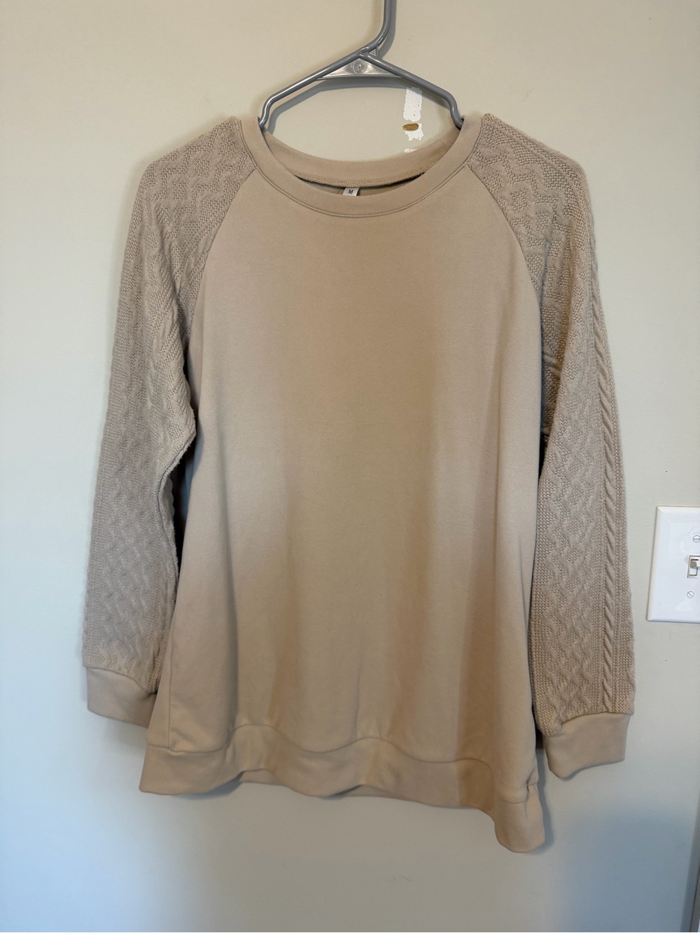 Beige Knit-Sleeve Women's Long Sleeve Sweater - Picture 3 of 6